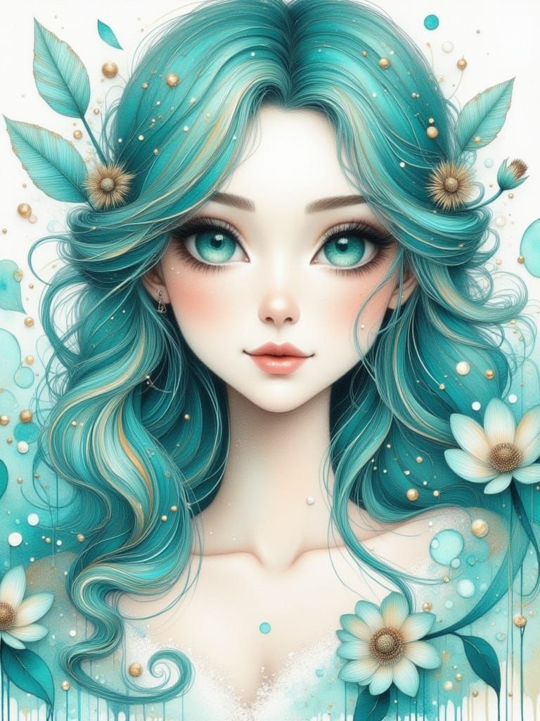 Pretty Woman Portrait in Watercolor and Pencil Style