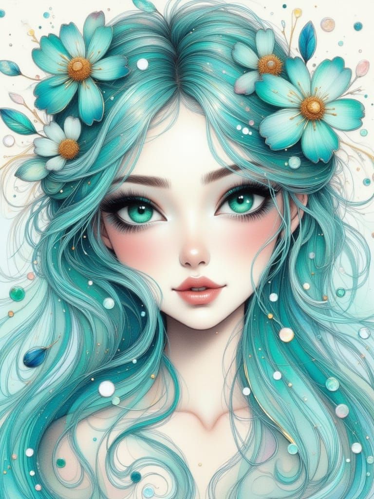 Pretty Woman Portrait in Watercolor and Pencil Sketch Style