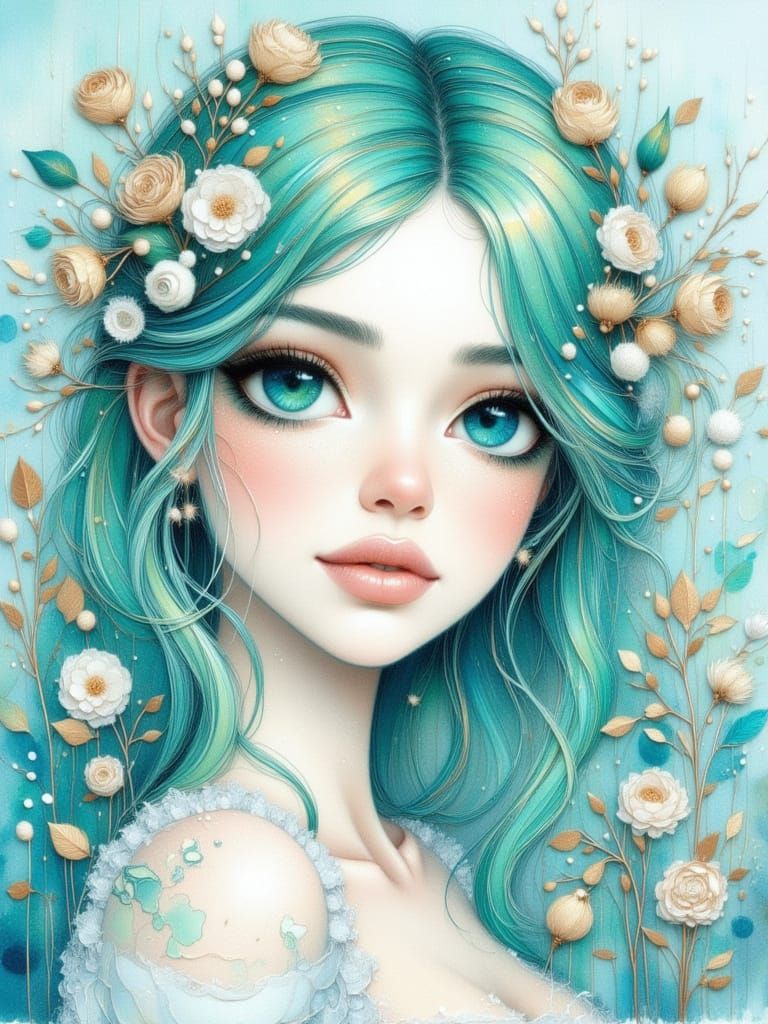 Pretty Woman with Teal Hair and Turquoise Eyes in Watercolor...