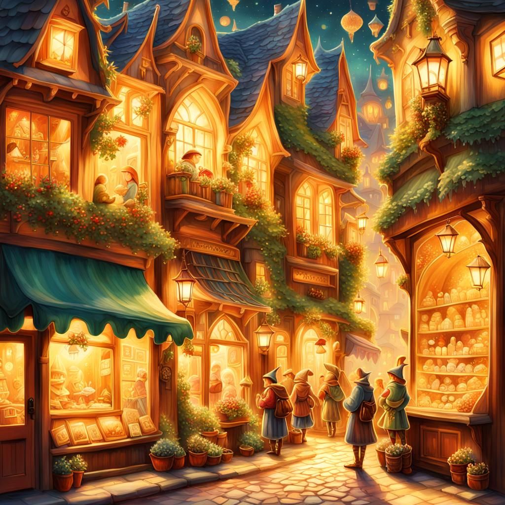 Whimsical Elves in a Quaint Fantasy Town