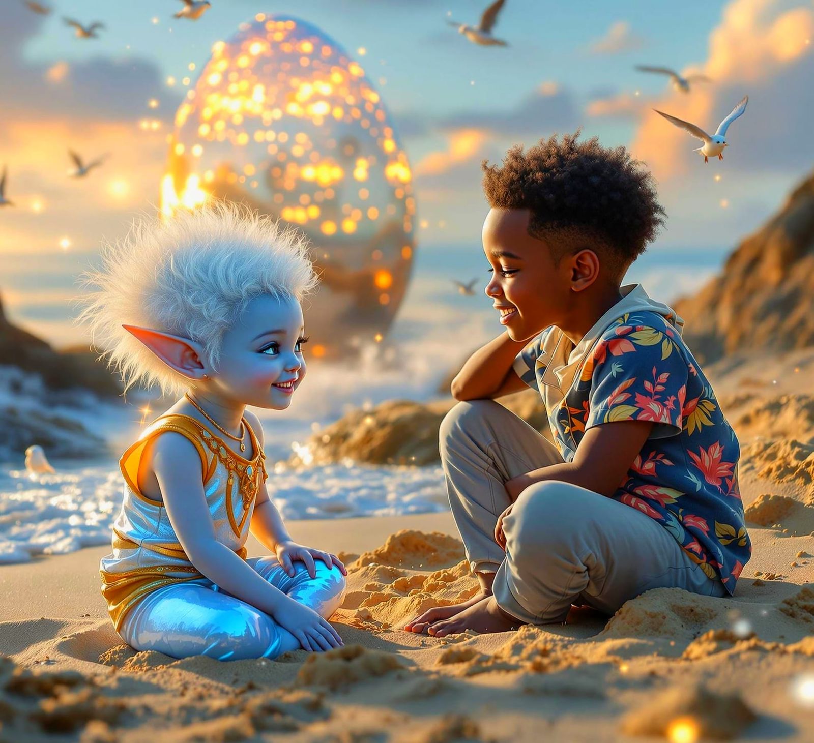 Boy Meets Alien Children on Beach at Dawn