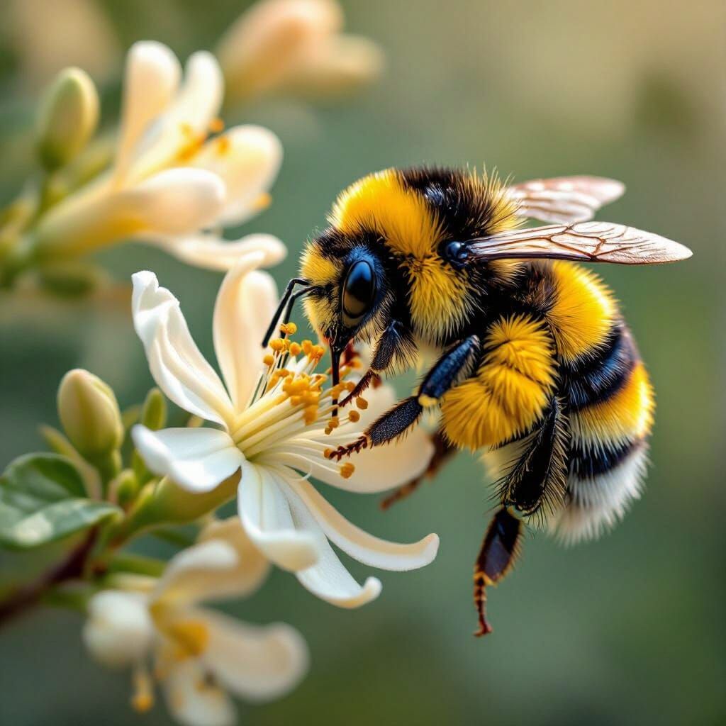 Bumblebee Collecting Nectar: Macro Realistic Photography