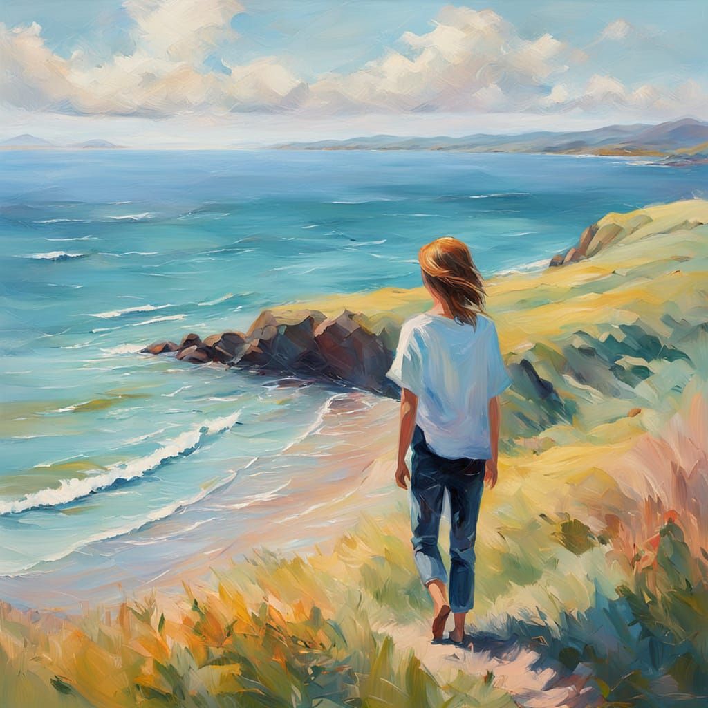 Seaside Hill: Vibrant Oil Painting in Pastel Hues