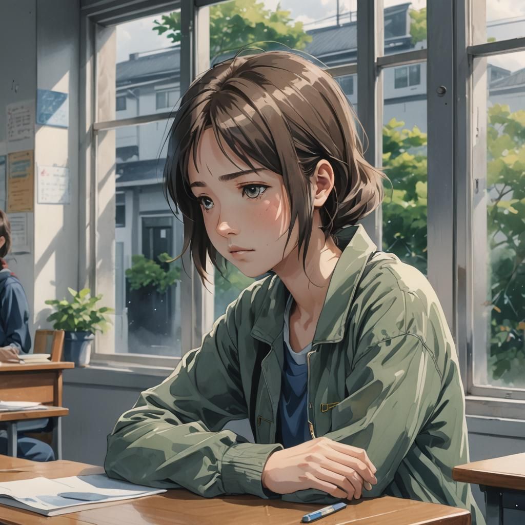 Teenage Girl in School, Anime Style Concept Art