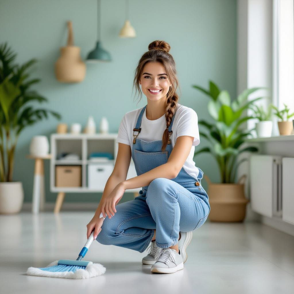 Friendly Cleaning Woman in Bright Modern Interior