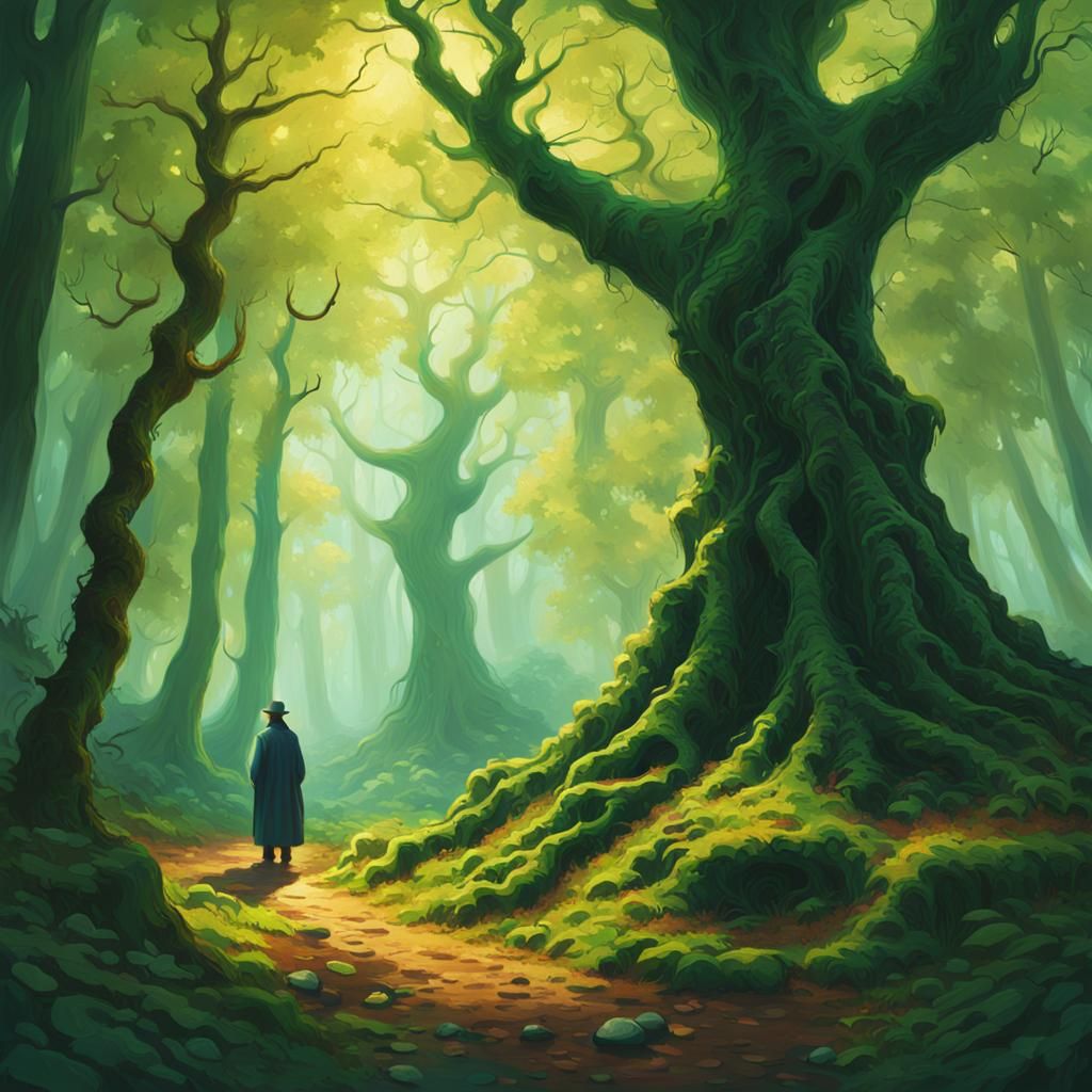 Mysterious Figure in Emerald Forest: Tonalist Painting