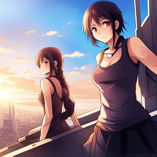 Anime Style Women Silhouetted at Sunset