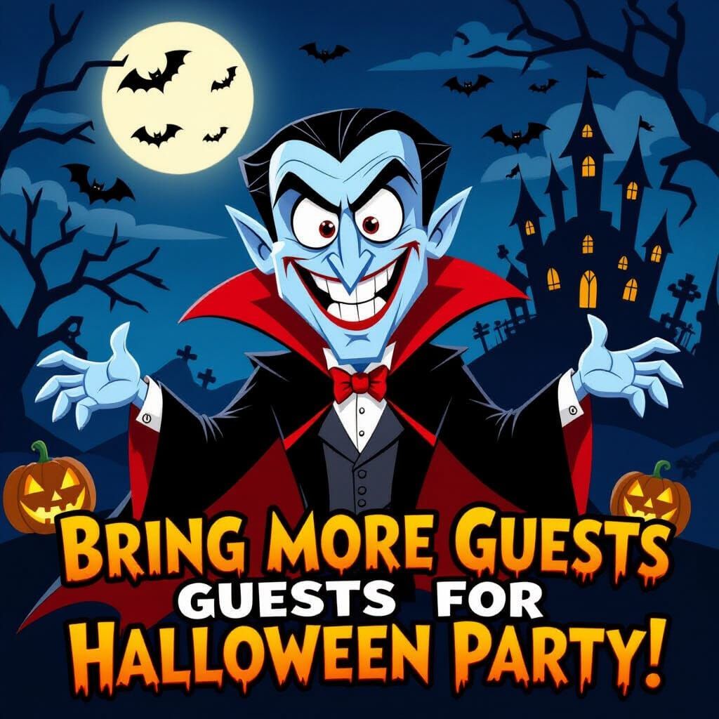 Mischievous Cartoon Dracula in Spooky Halloween Scene