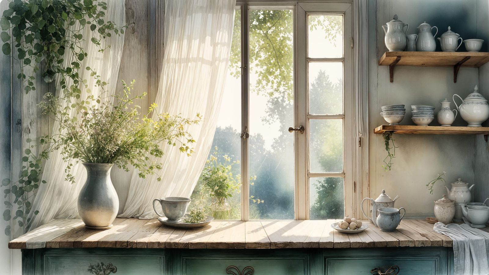 Sunlit Farmhouse Kitchen with Wildflowers