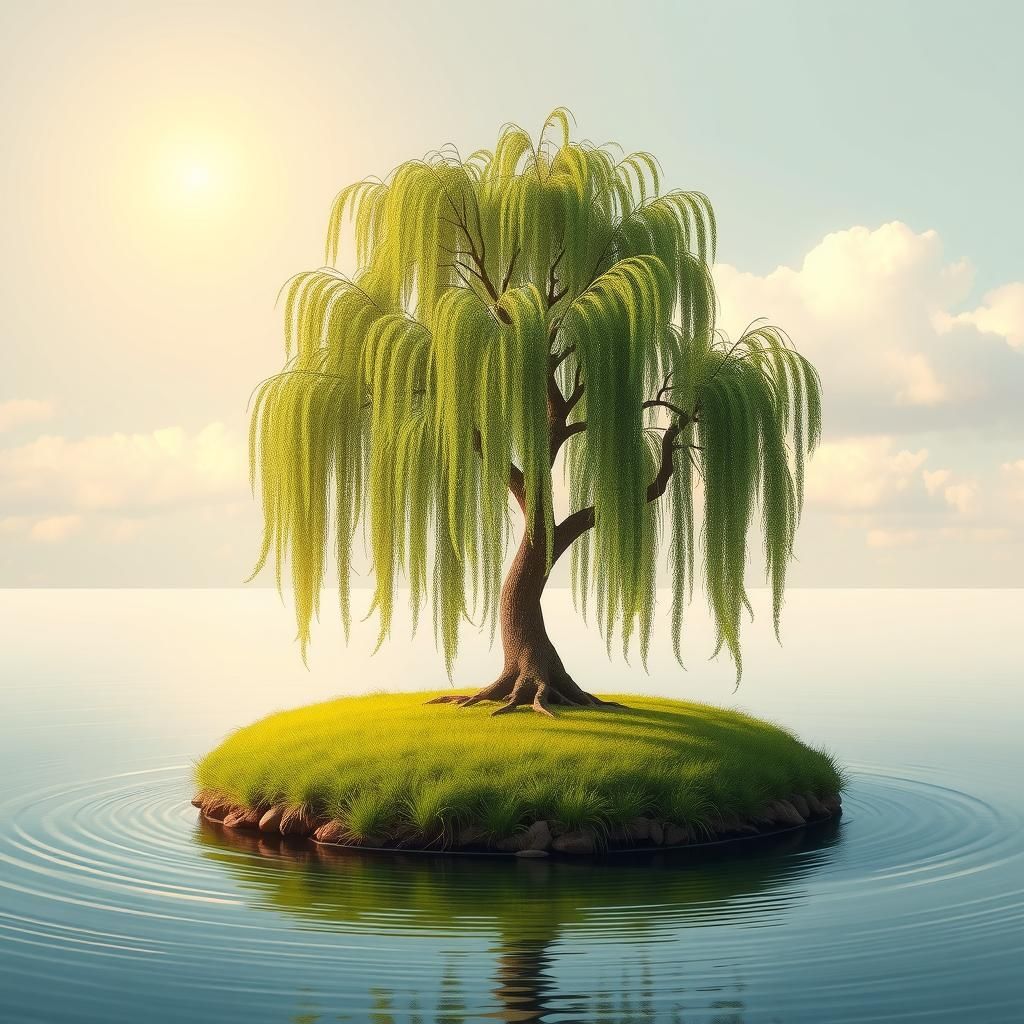 Willow Tree Island in Dreamy Fantasy Landscape Style