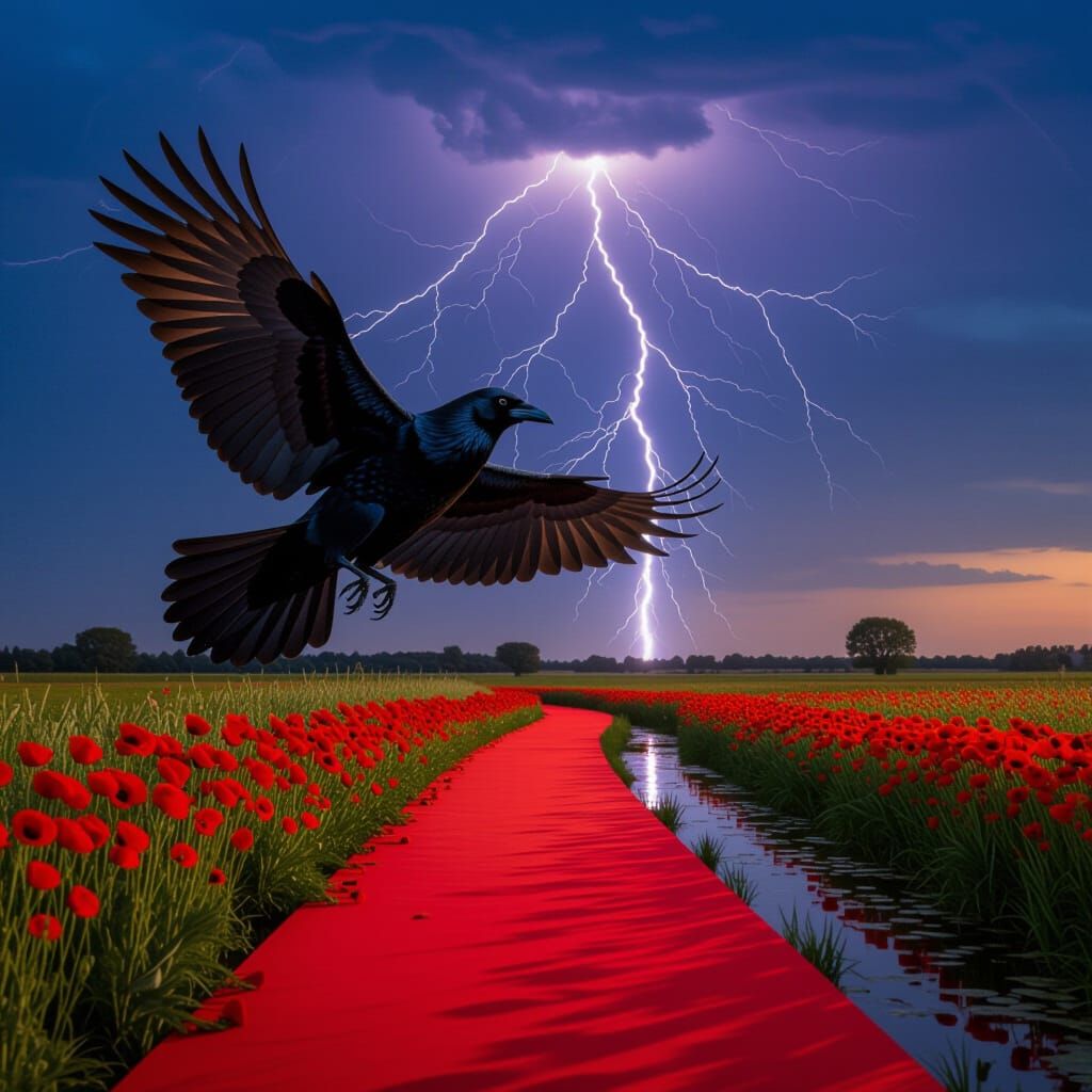 Raven in Poppy Field at Sunset With Lightning