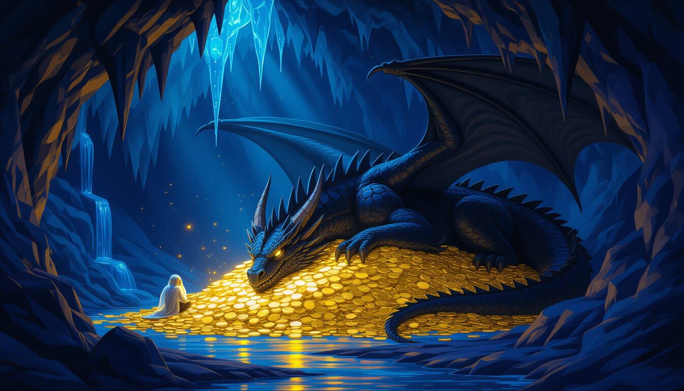 Dragon Hoard in Cave with Hobbit, Dark Fantasy