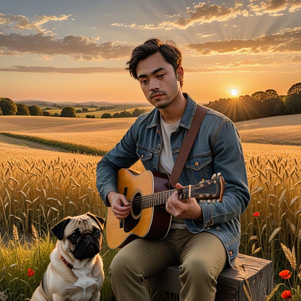 Man Plays Guitar with Pug in Golden Field at Sunset