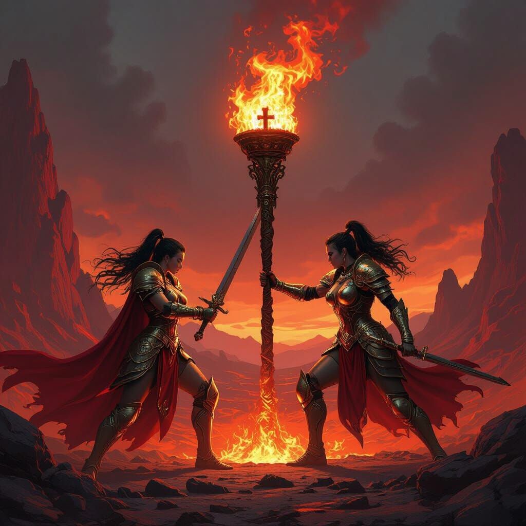 Epic Fantasy Warriors Clash in Volcanic Labyrinth