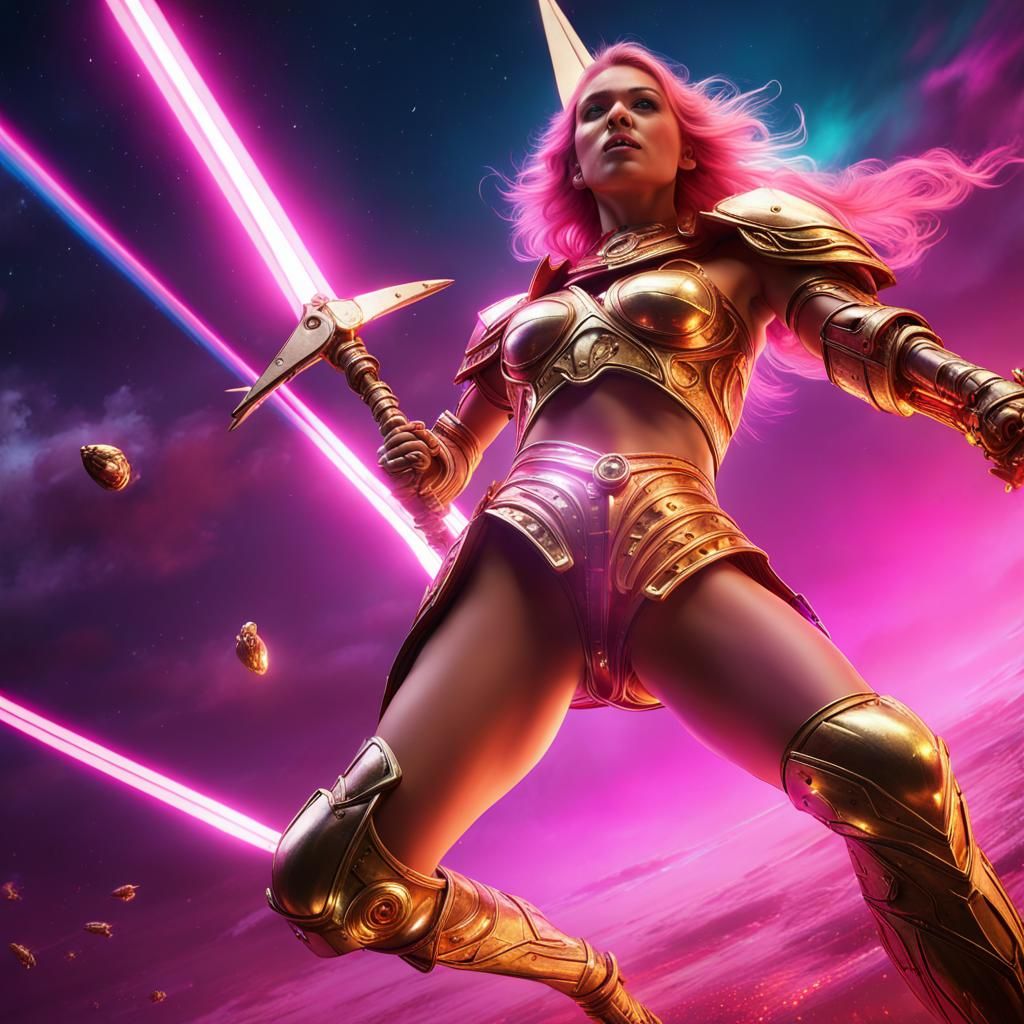 Female Knight Dodging Lasers in Sci-Fi Battle