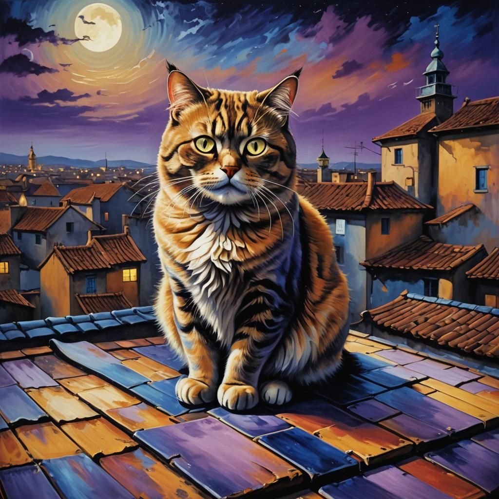 Chubby Cat on Old Roof in Surrealist Style