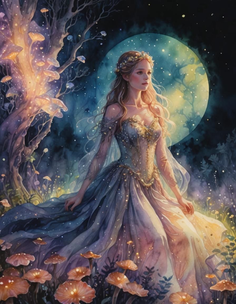 Lonely Bride in Bioluminescent Forest: Fantasy Watercolor Ar...