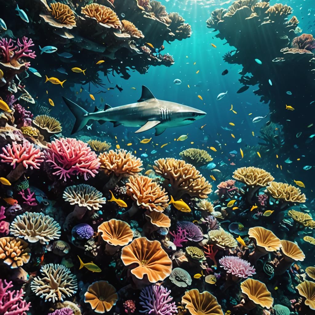 Shark Swimming Near Coral Reef in Dreamy Colors