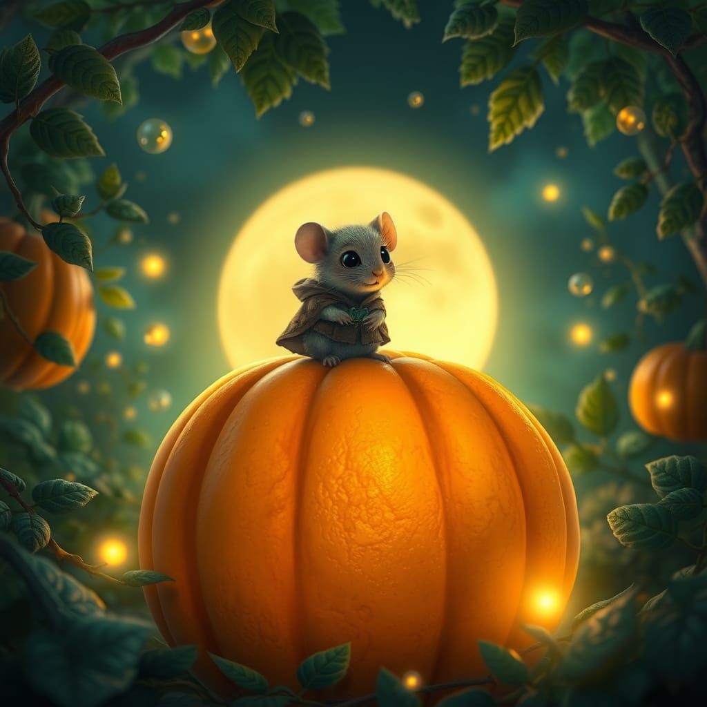 Mouse on Pumpkin in Mystical Garden, Fantasy Art