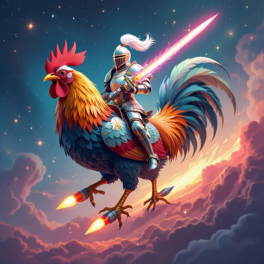 Knight Rides Rocket Rooster Through Nebula in Papercraft Sty...