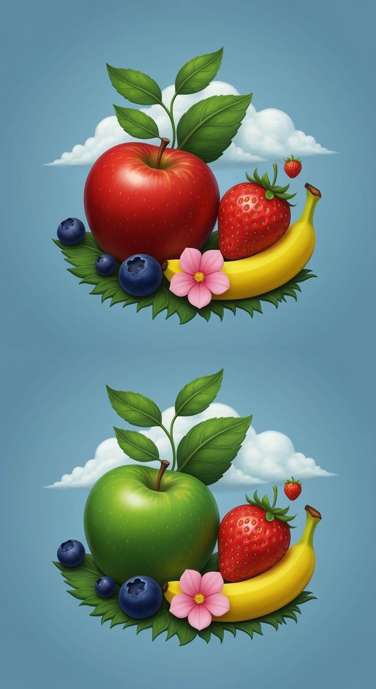 An illustration of an easy spot the difference page for adults. There are two images side by side, each containing multi...