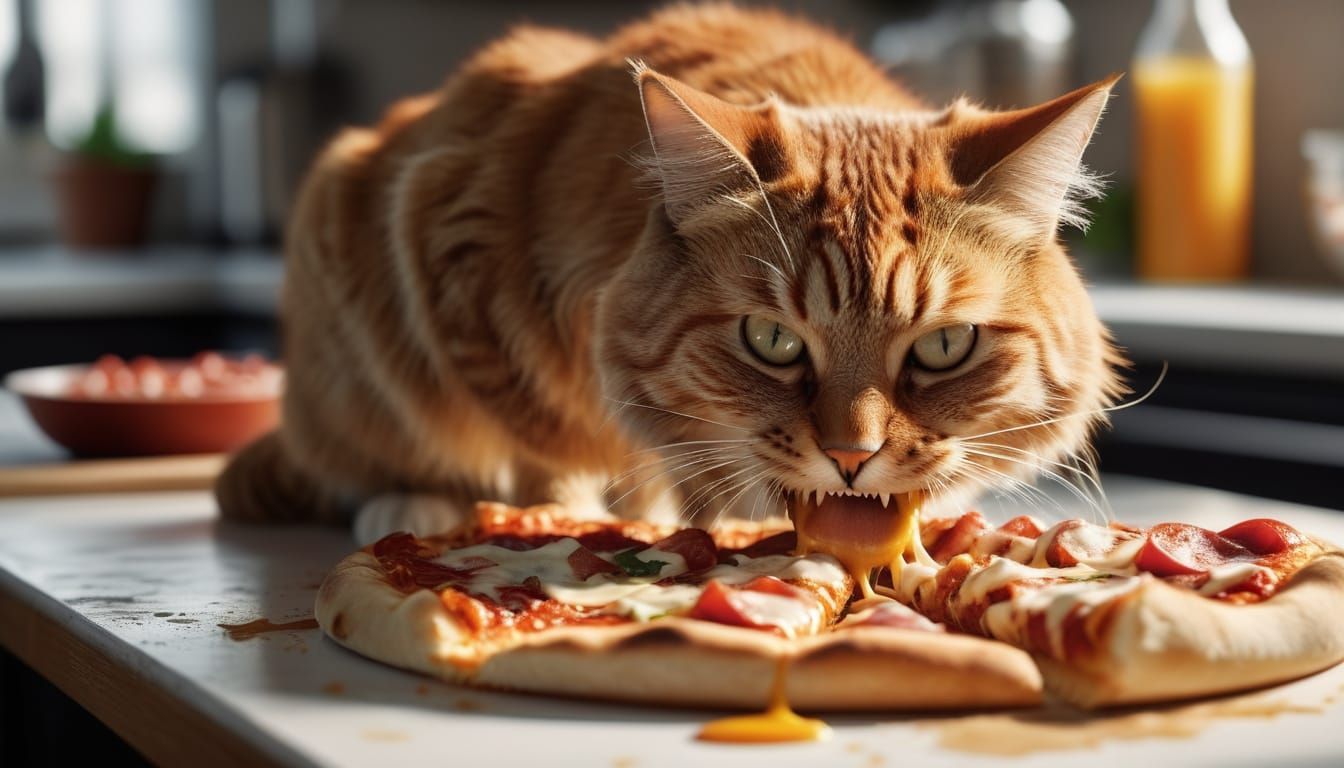 Cat Burglar Steals Pizza Slice in Hyperreal Detail