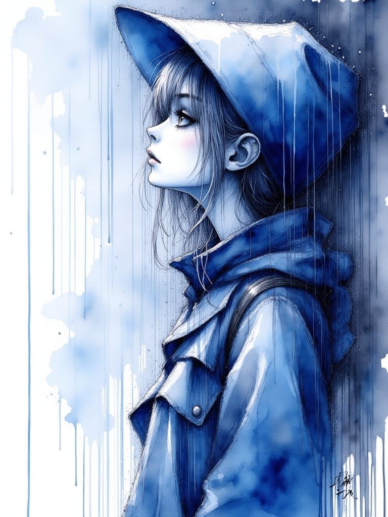 Monochromatic Anime Girl in Rain, Sketch Art