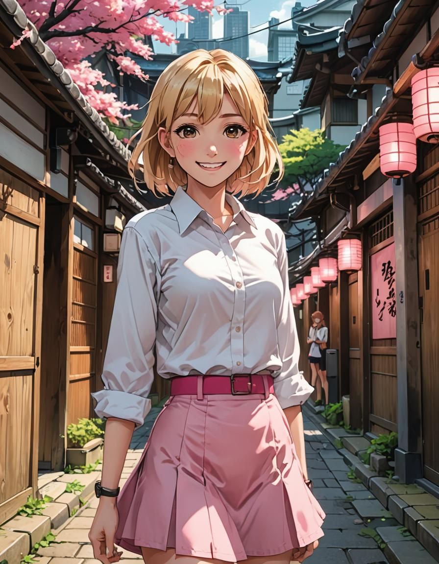 Blonde Girl in Japanese Alley: Anime Style