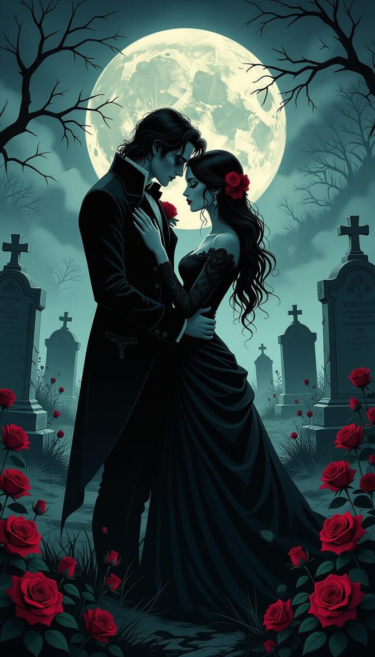 Gothic Horror Valentine's Couple in Moonlit Graveyard