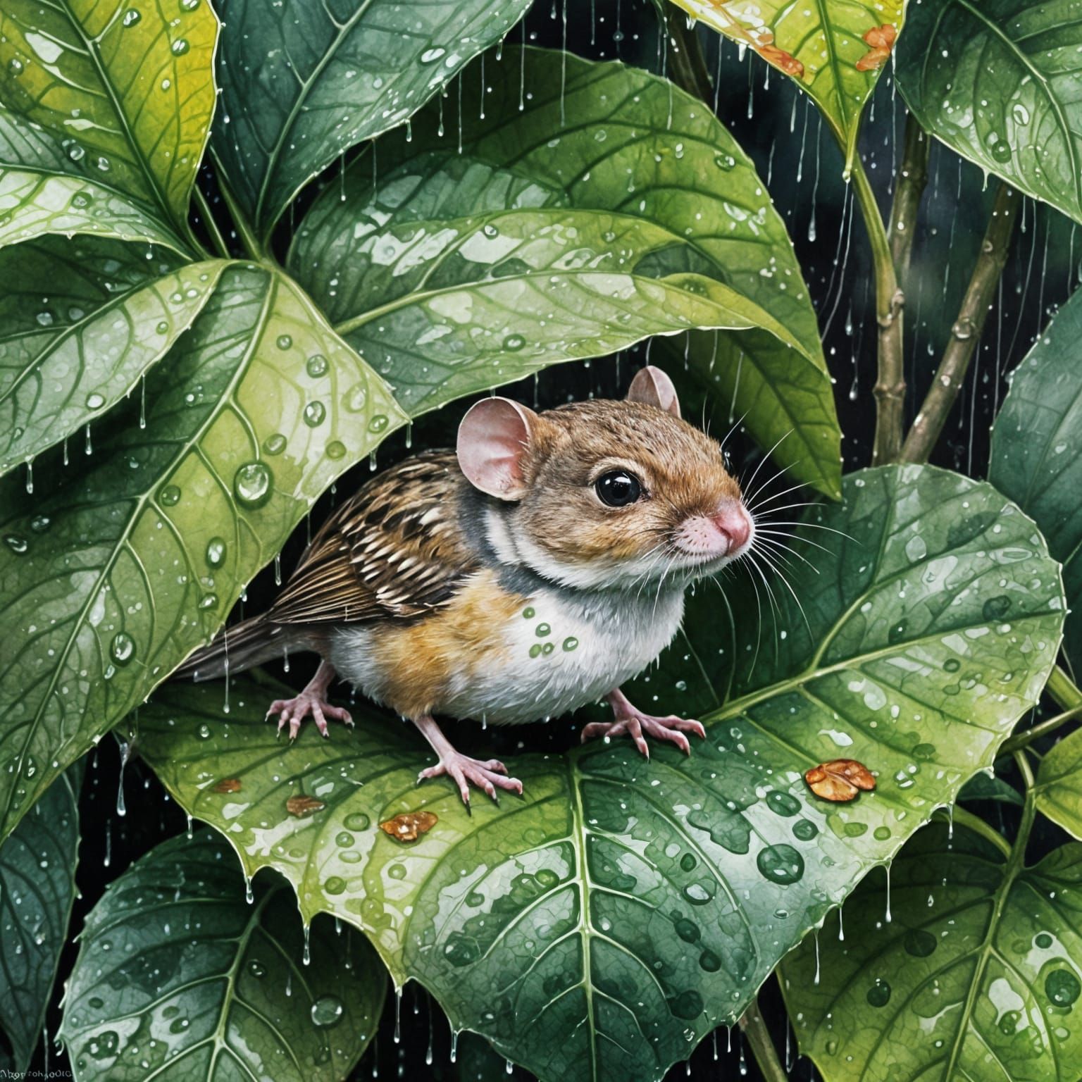 Mouse Sparrow Hybrid in Rainstorm, Watercolor Art