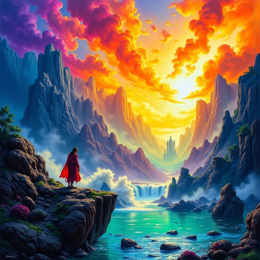 Abstract Expressionist Scene with Waterfall, Airbrush Style