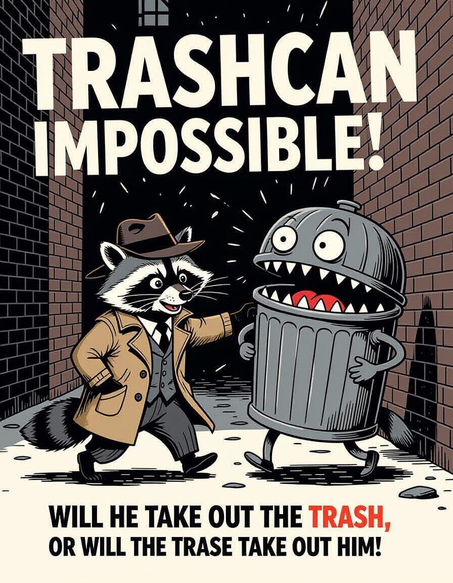 Raccoon Spy vs Trashcan Monster in Noir Style