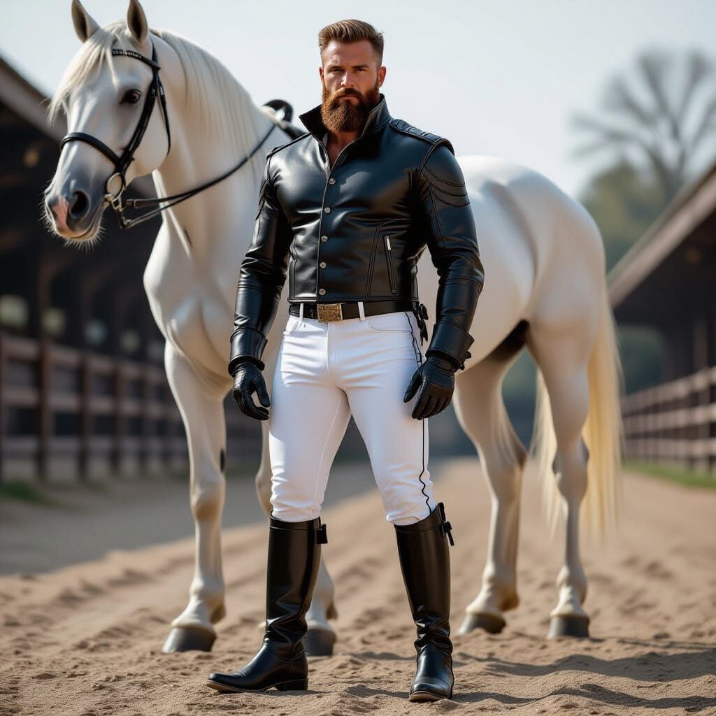 Bearded Man in Riding Gear with White Stallion