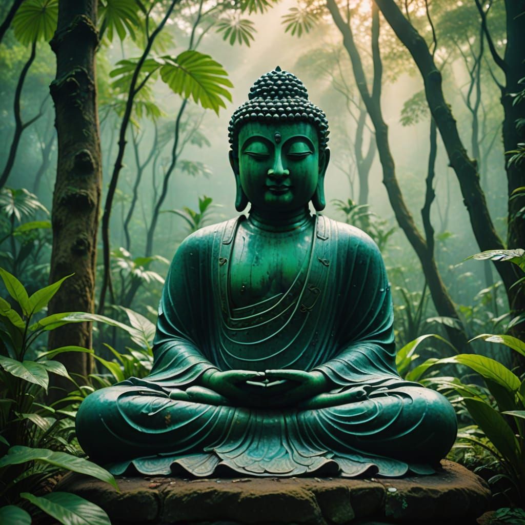 Majestic Buddha Statue in Lush Jungle Sanctuary at Ancient T...
