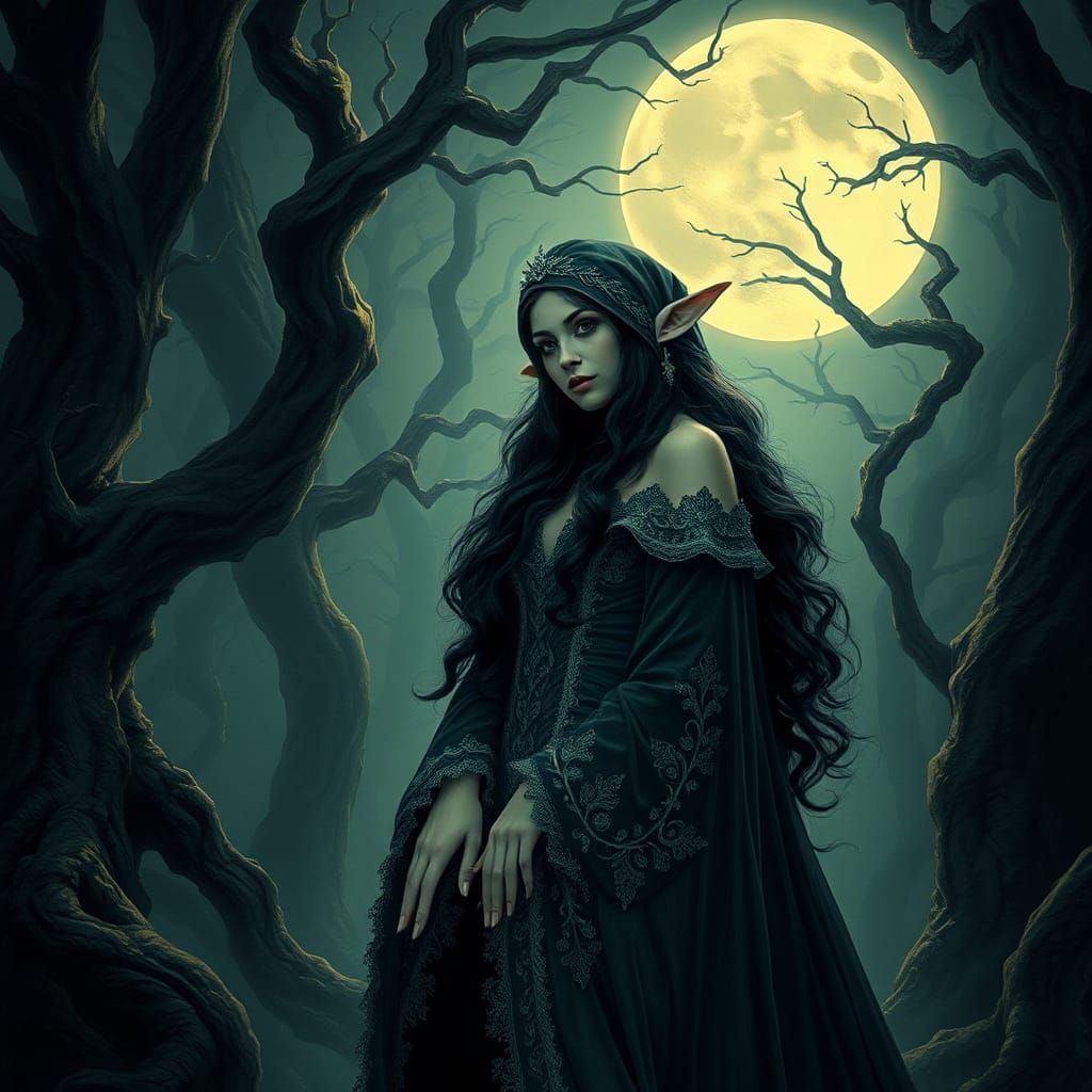 Elegant Elf Witch in Gothic Moonlit Forest
