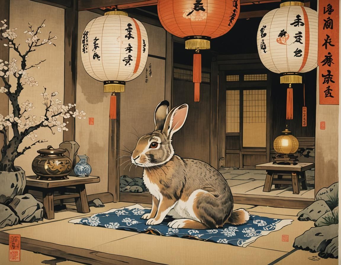 Rabbit in Shinto Shrine: Ukiyo-e Style Print