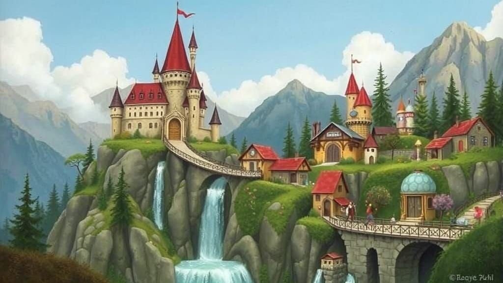 Whimsical Mountain Castle with Vibrant Village