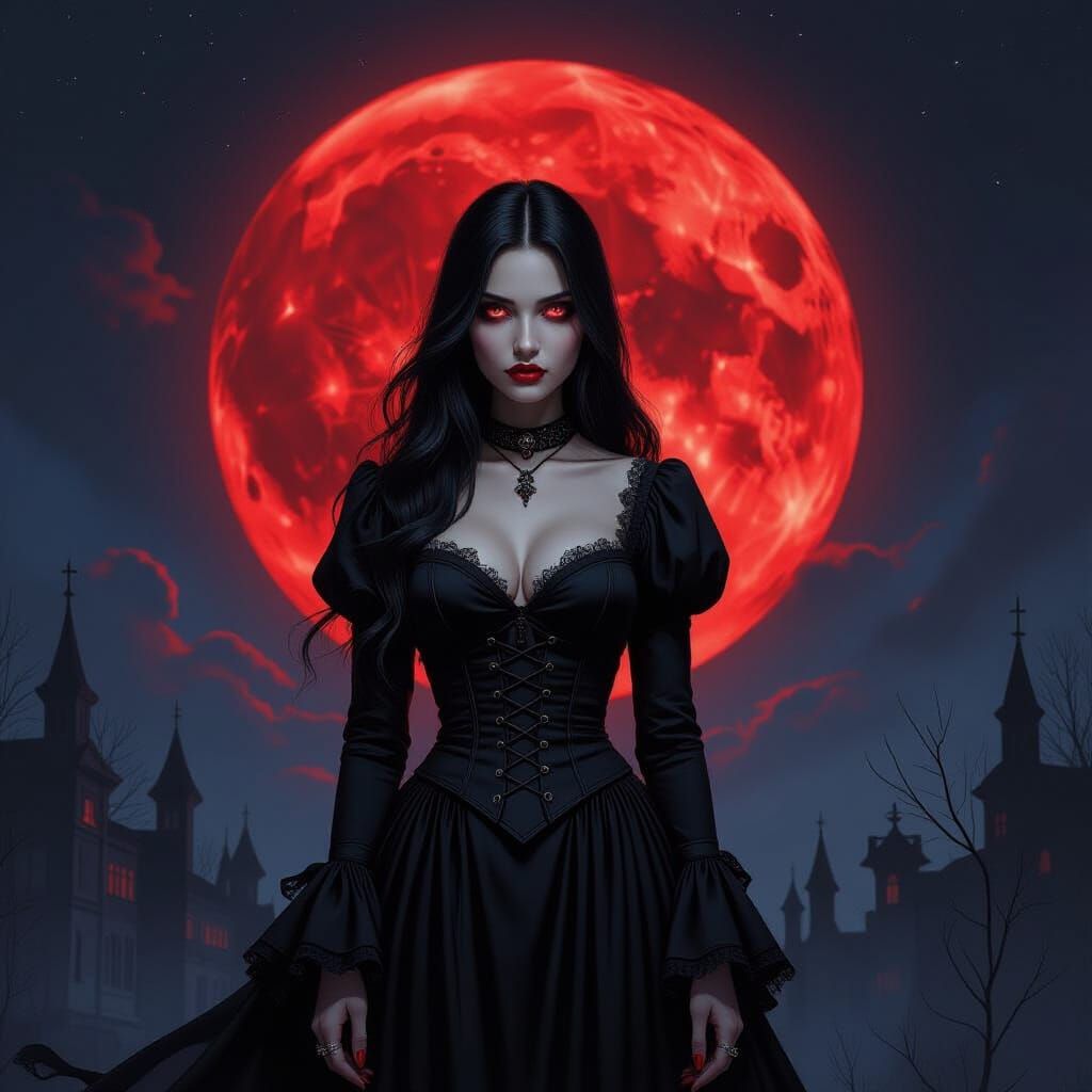 Gothic Vampire Before a Red Moon, Oil Painting