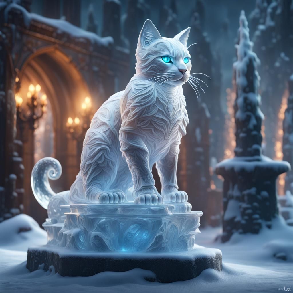 Intricate Ice Sculpture of a Cat in Detailed Matte Painting
