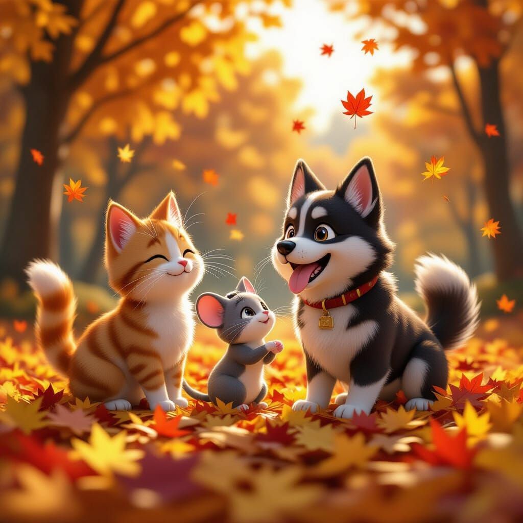 Cat, Dog, Mouse Play in Autumn Landscape 3D Anime Style