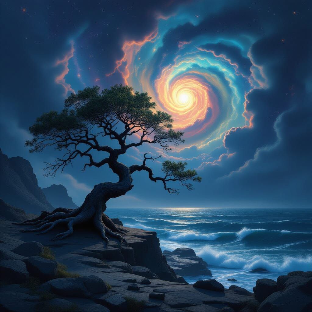 Ancient Gnarled Tree on Rocky Outcrop Overlooking Cosmic Sea