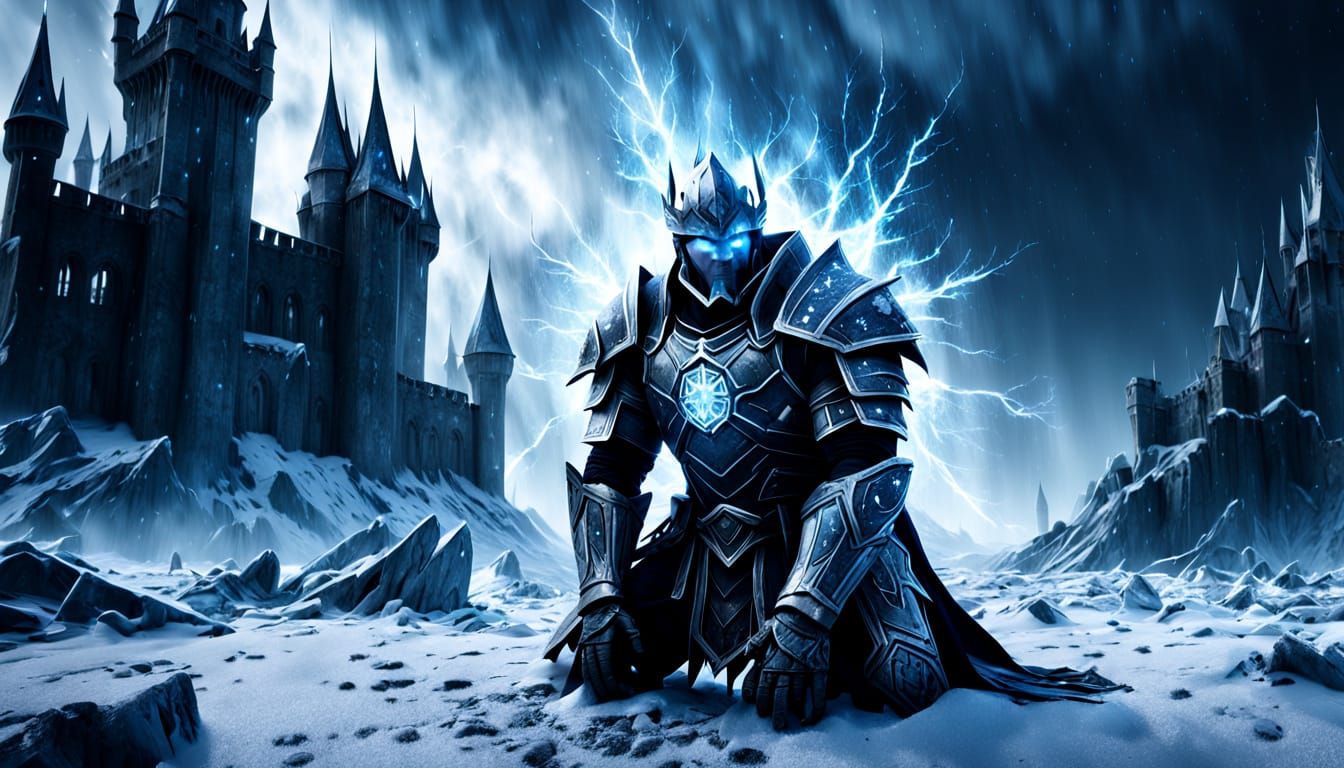Epic Ice Knight in Winter Battlefield Scene, Cinematic Hyper...