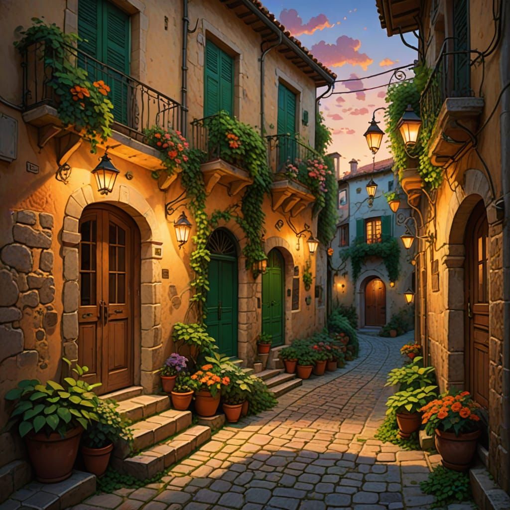 Magical Mediterranean Village Alleyway in Ghibli Style