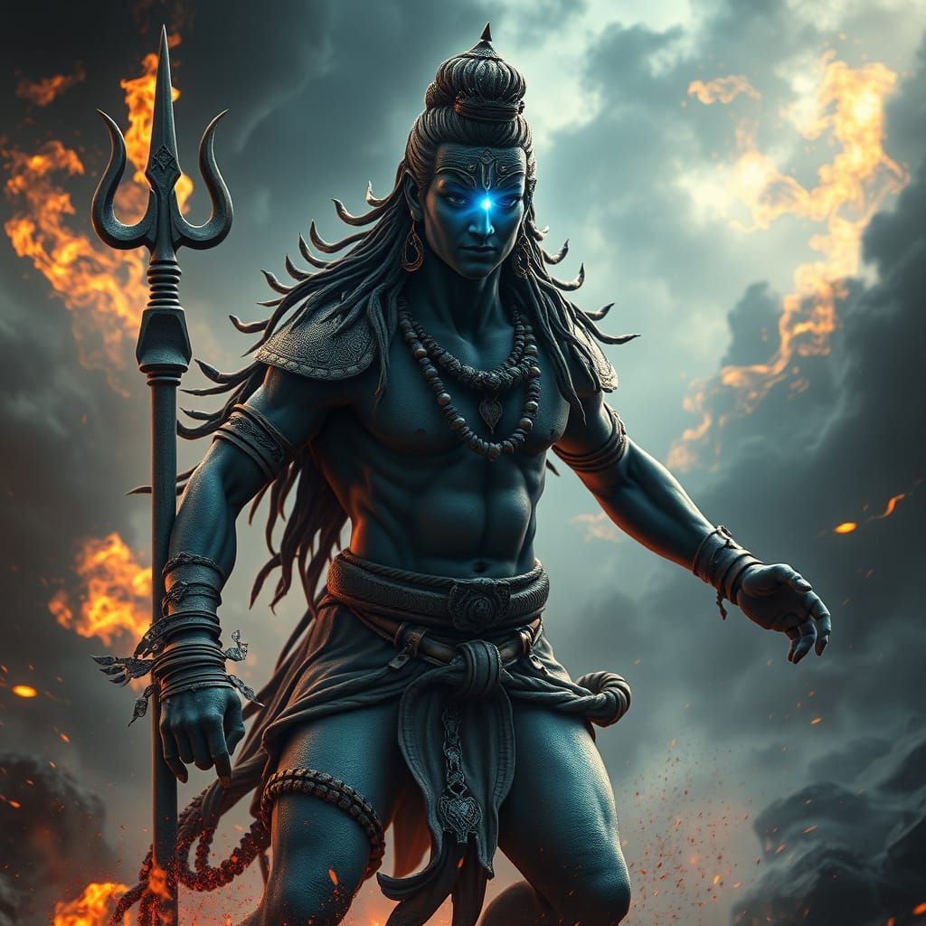 Lord Shiva as a Fierce Warrior in Stormy Fire
