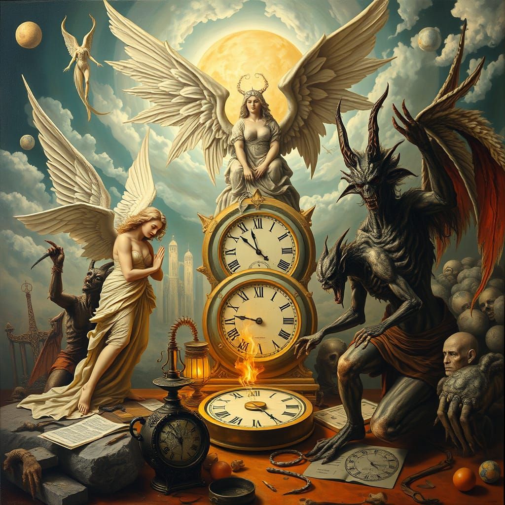 Ethereal Angels Confront Grotesque Demons in a Dreamlike Sur...