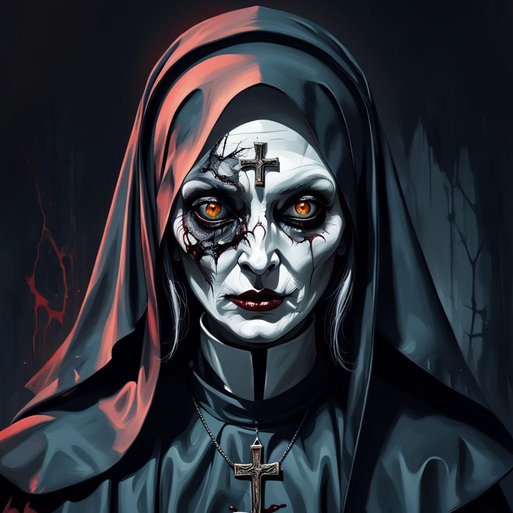 Nightmarish Creepy Nun in Abstract Art Style