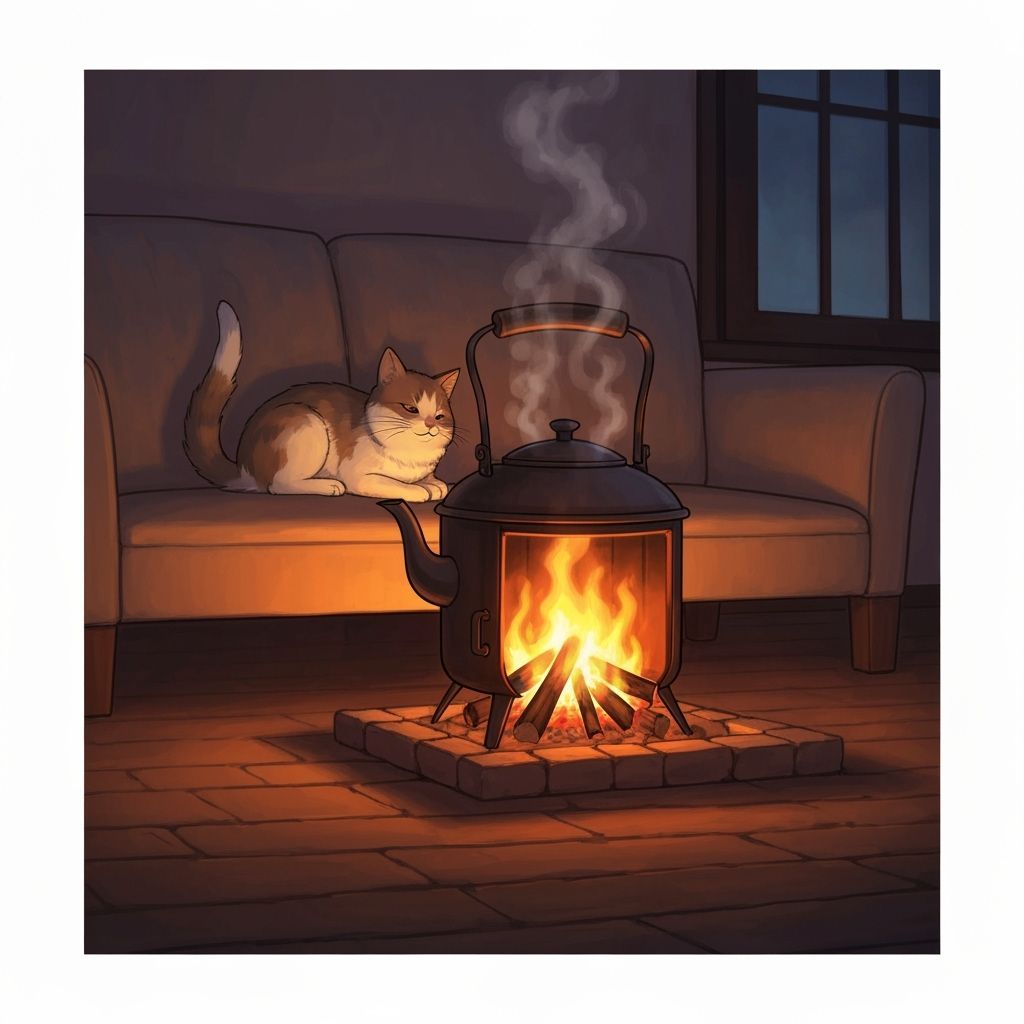 Cat Relaxing by Boiling Teapot in Anime Style