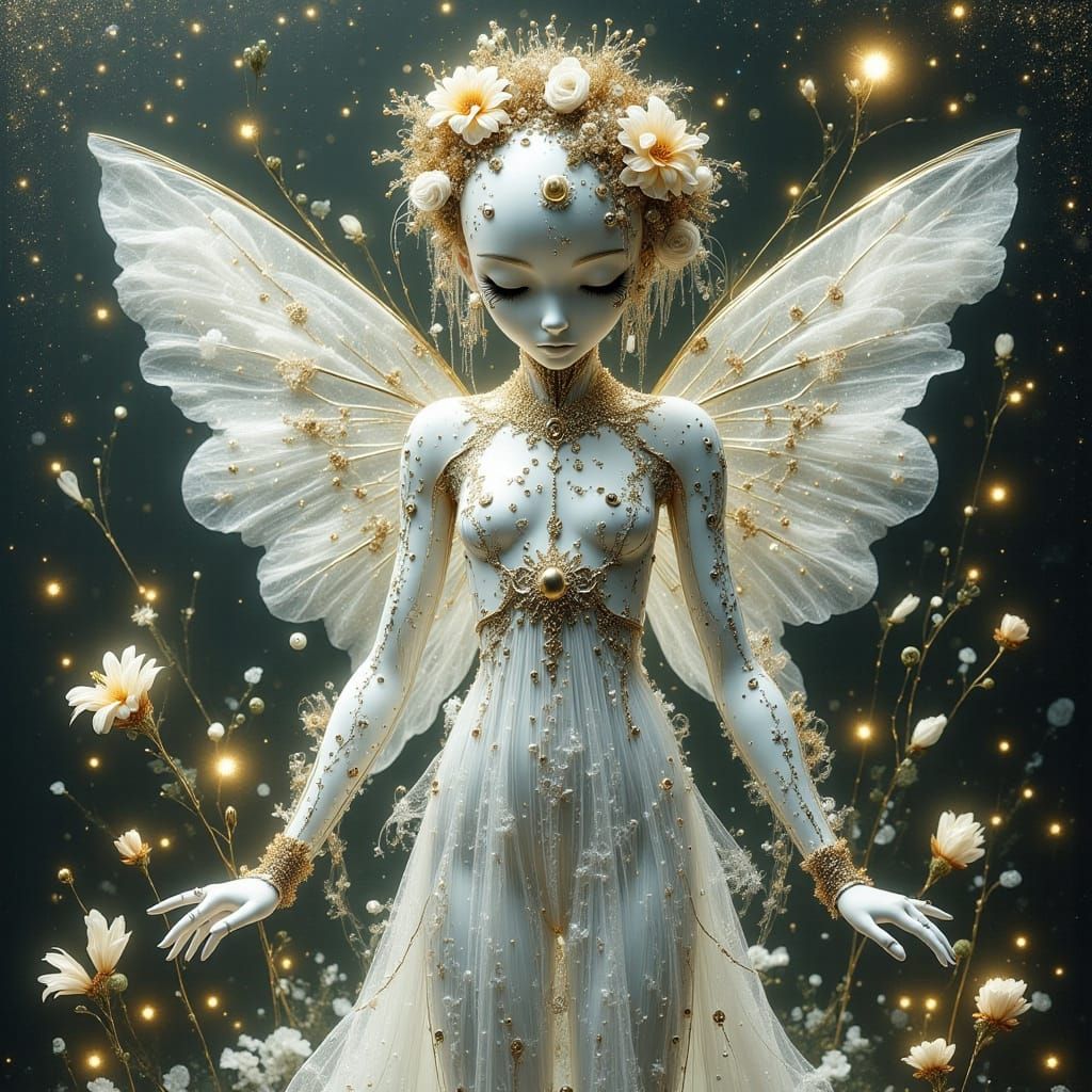 Elegant Cyborg Angel with Metallic Florals in Anime Style