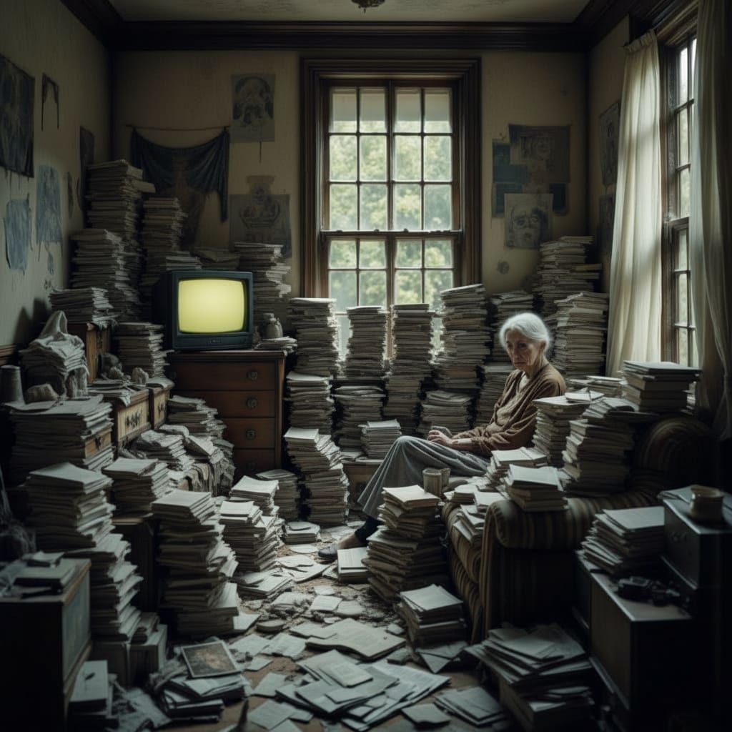 Woman Amidst Piles of Papers and Neglect