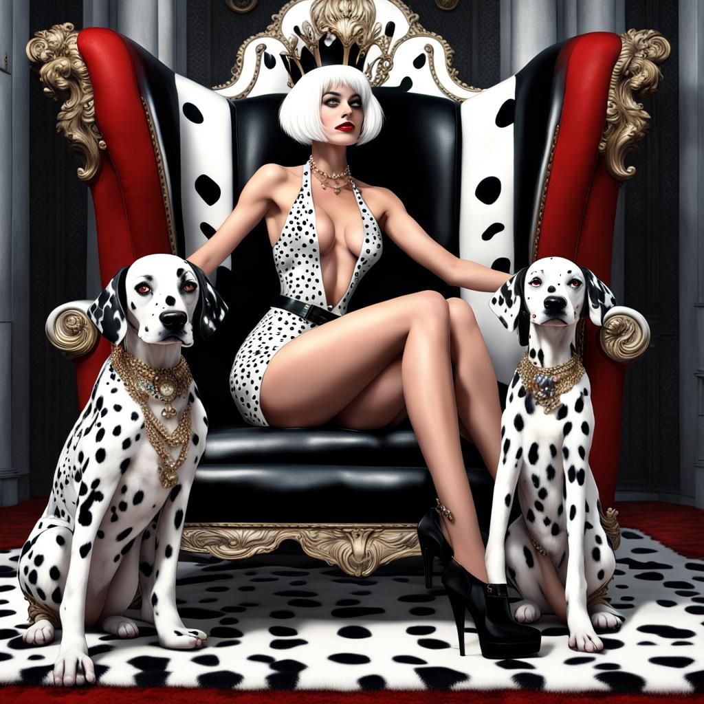 Cruella De Vil on Dalmatian Throne, Hyperrealistic Art